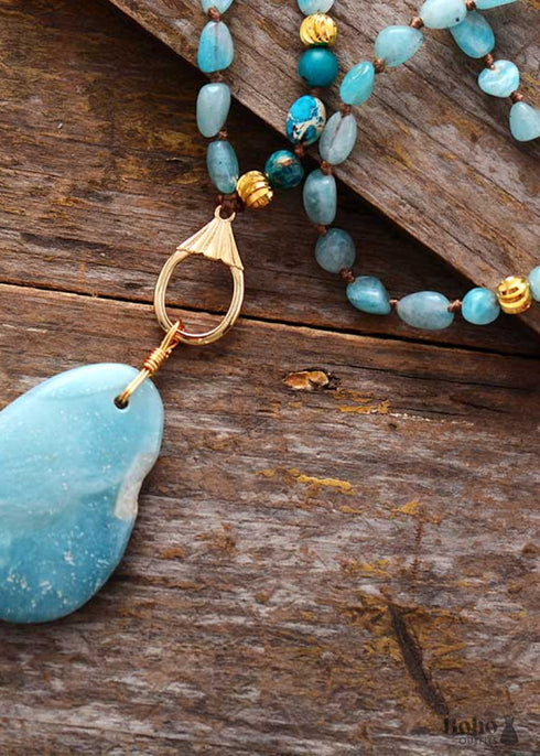 Boho Necklace, Seed Beads Blue Amazonite